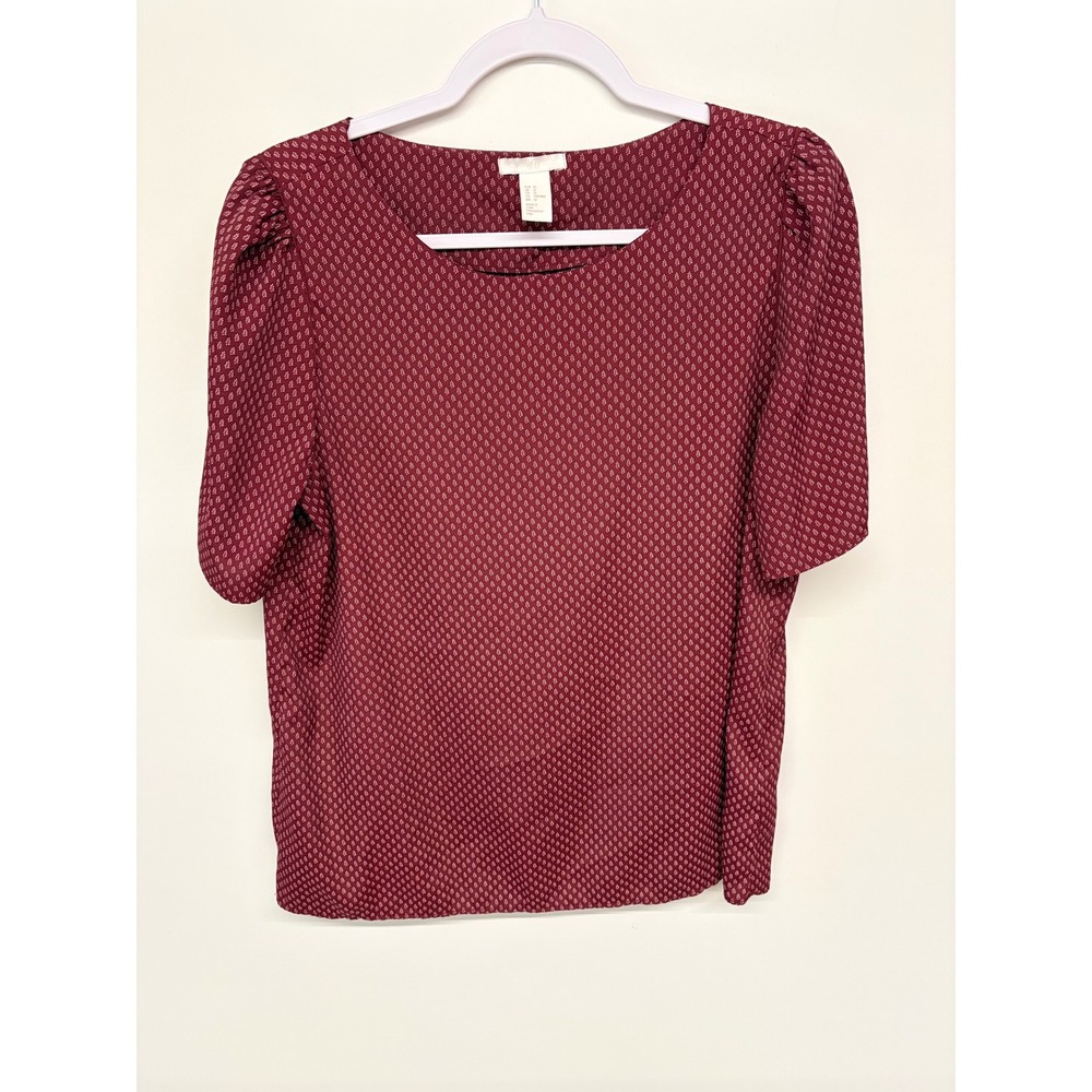 Boho Cottagecore Blouse Puff Sleeve Leaf Print H&M Women 12 Burgundy